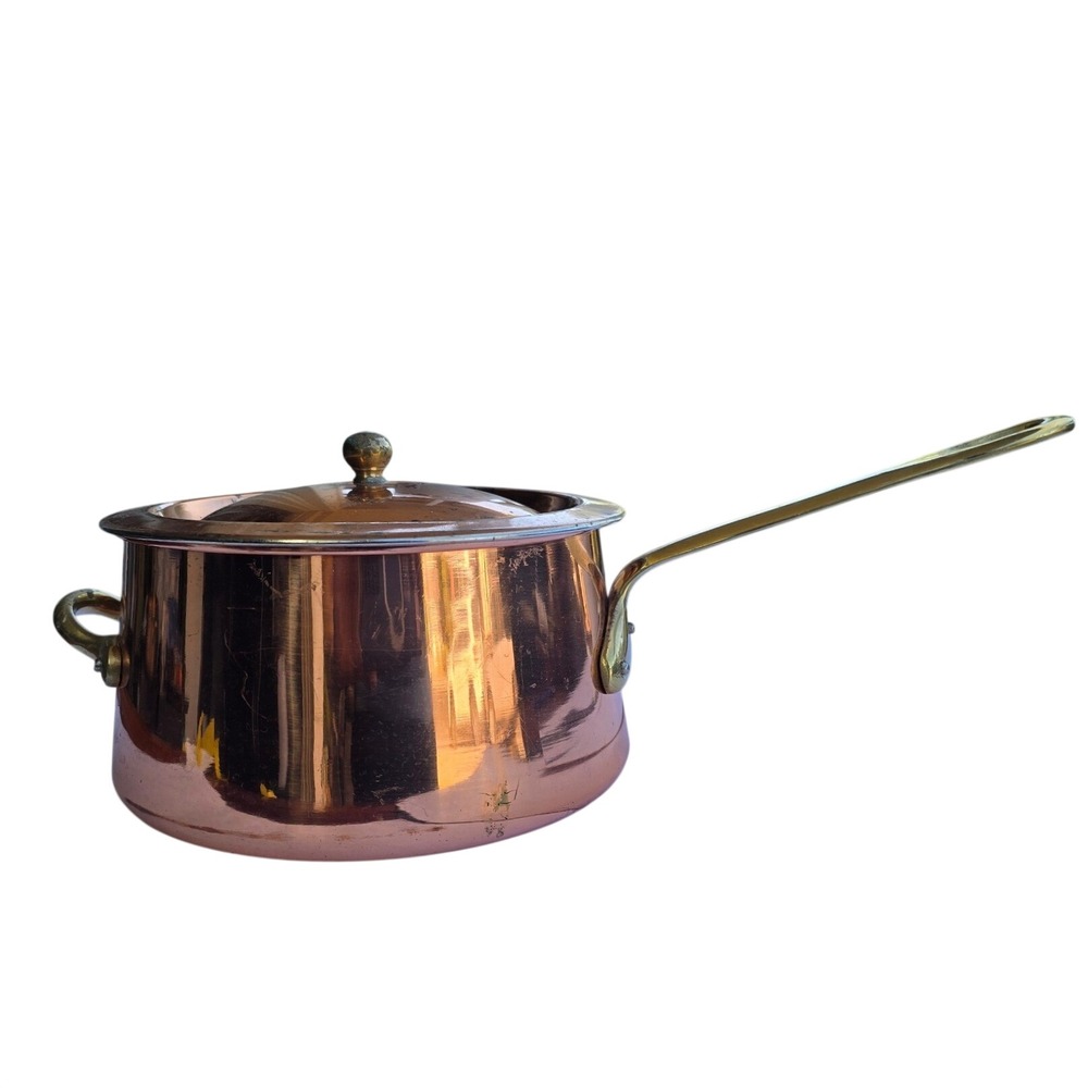 Vintage Copper Saucepan with Lid Stainless Steel Lined Brass Handles 7 Inch